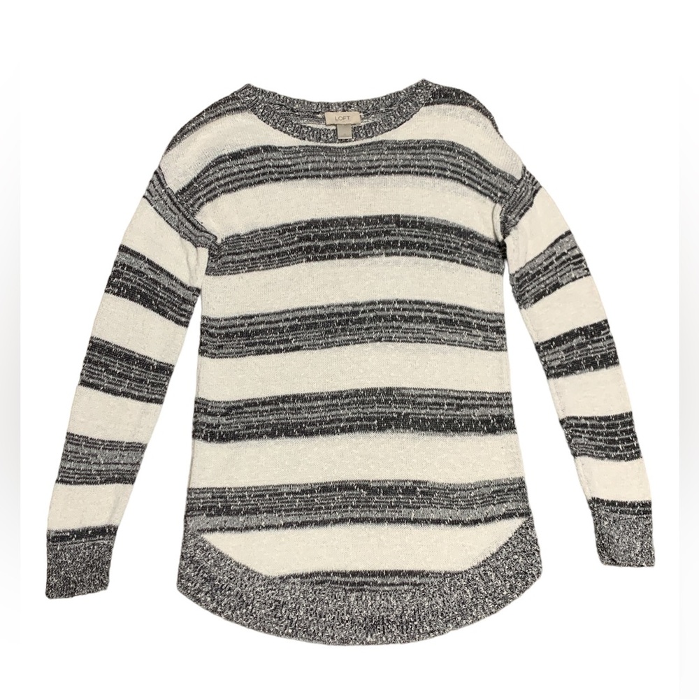 Ann Taylor LOFT charcoal grey and white stripe lightweight sweater size Small